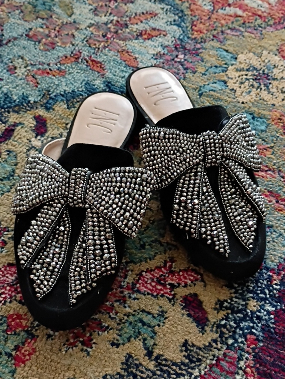 Embellished Bow Black Slip-On Mules
